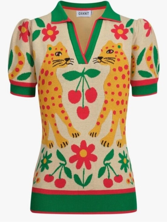 OXKnit Tops - OXknit • Retro Leopard Botanical Knit Polo Shirt V-Neck size small NWT